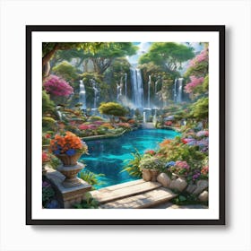 Beautiful Waterfall Garden Eden Garden In Dreams Water Fall mountain Blue Sky Beautiful Building Ultra Hd Art Print