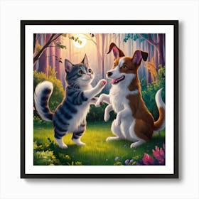 Dog and Cat playfully Art Print