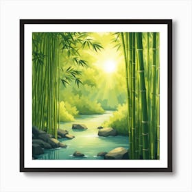 A Stream In A Bamboo Forest At Sun Rise Square Composition 16 Art Print