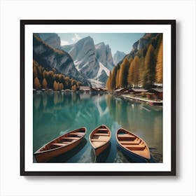 Beautiful Lake With Boats In The Italian Alps Lago Di Braies 1 Art Print