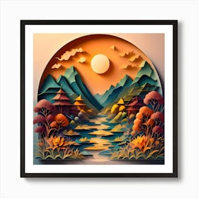 Landscape painting made of cut paper. It is a scene of a stream with trees and flowers on either side. A depiction of sunset. Art Print