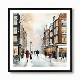 Amsterdam cafes, winter season, Christmas, pale colors, pedestrians in the street, winter clothes, falling snow. Art Print