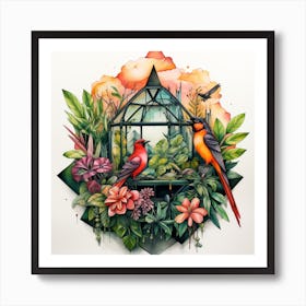 Tropical Plants and Birds Around Glass Art Print