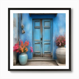 Blue wall. An old-style door in the middle, silver in color. There is a large pottery jar next to the door. There are flowers in the jar Spring oil colors. Wall painting.7 Art Print