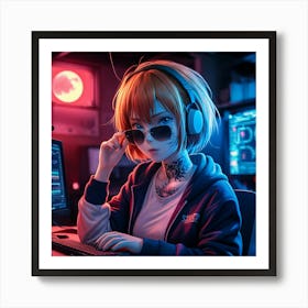 Anime Girl With Headphones 4 Art Print