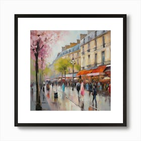 Paris In The Rain.Paris city, pedestrians, cafes, oil paints, spring colors. 1 Art Print