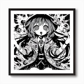 Witch Anime Girl Black And White Art Print