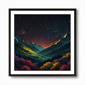 Mountain Landscape With Starry Sky Póster