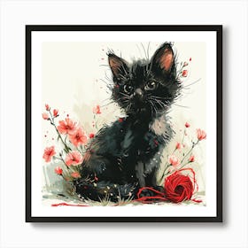 Black Kitten With Flowers Art Print