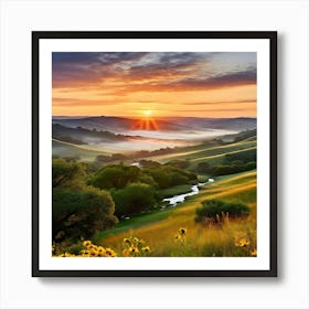 A Serene Sunrise Unfolds Over A Vast Expanse Of Rolling Hills Art Print