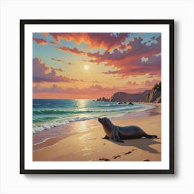 Sea Lion At Sunset Art Print