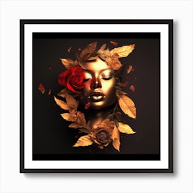 Serene Woman in Profile with Rose Behind Ear and Leaves Adorning Her Face, Featuring Soft, Muted Colors. Art Print