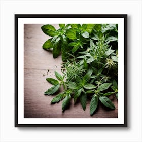 Fresh Herbs On Wooden Table Art Print