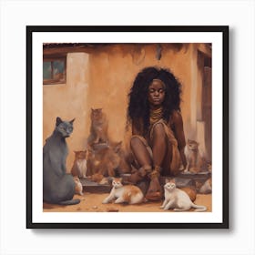 Wall painting of an African girl with cats Art Print