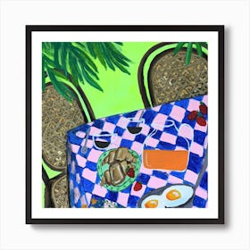 Breakfast under palm trees on bright green color Art Print