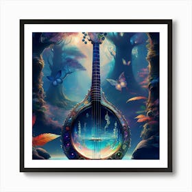 Firefly Banjo, Water, Enchanted, Forest, Kaleidoscope, Colors, Magical, Nature, Music, Instrument, F (11) Art Print