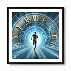 Man Running Through A Futuristic Clock Art Print