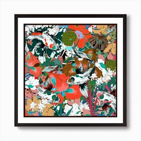 Floral Koi Pond Square Art Print