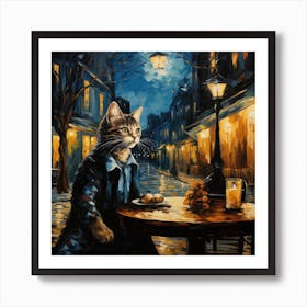 Cat And Cafe Terrace At Night Van Gogh Inspired 04 Art Print
