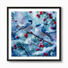 Watercolor Snow White Forest With Birds Studio Photography Complex Details Art Print