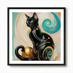 Black Cat With Gold Ball Art Print