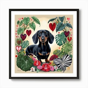 Black Dachshund in the Winter Garden Art Print