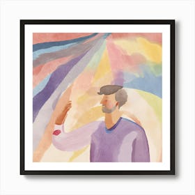 A watercolor painting depicting a man reaching towards a colorful light. Art Print