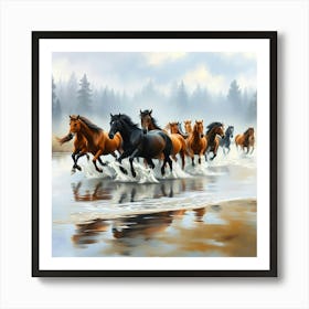 Horses Running In The Water 6 Art Print