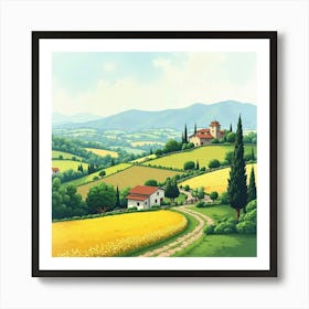 Scenic Italian Countryside In Watercolor, With Patchwork Fields And Quaint Farms 1 Art Print