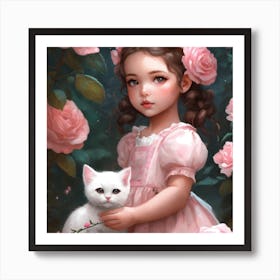 Little Girl With Pink Roses Art Print