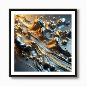 Abstract Melting Liquid With A Metallic Sheen, Gold And Red Colors, Reflective Studio Light Art Print