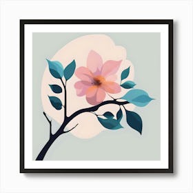 Branch With Pink, Blue And Turquoise Flower With Light Background Art Print