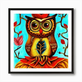 Deco Owl On A Blue Background Illustration Art Print