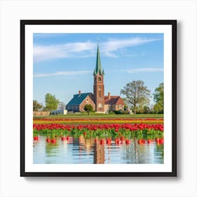 Church And Tulips Art Print