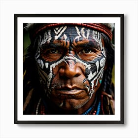 The Unyielding Guardian A Close Up Portrait Of An Indigenous Man With Fierce Traditional Face Paint Art Print