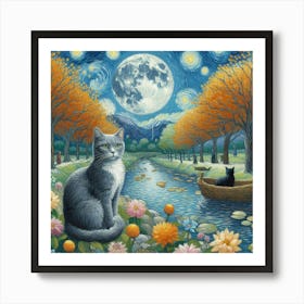 Cat In The Moonlight Art Print