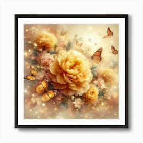 Yellow Peonies With Butterflies Art Print