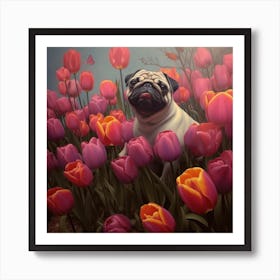 Pug Sitting In Tulips Art Print