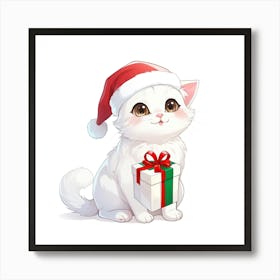 White Cat In Santa Hat Art Print