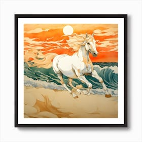 Horse Running On The Beach At Sunset Art Print