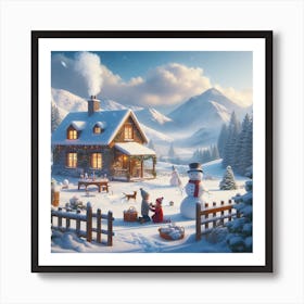 Winter Scene With Snowman Art Print