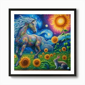 Horse And Sunflowers Art Print