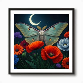 Moth And Flowers Art Print