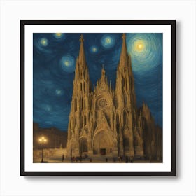 Barcelona Cathedral At Night Van Gogh Style Póster