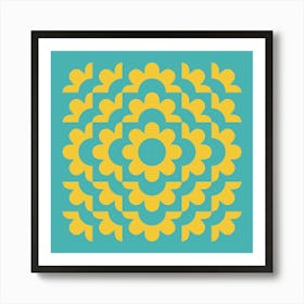 Midcentury Modern Abstract Geometric Flower Pattern Floral in blue teal mustard 3 Art Print