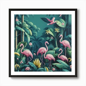 Pink Flamingos In The Jungle Art Print