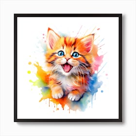 Cute Happy Playful Colorful Kitten Watercolor Painting Style Art Print