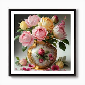 Antique fuchsia jar filled with purple roses, willow and camellia flowers 5 Art Print