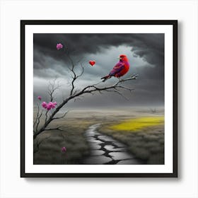 Red Bird On A Branch Art Print