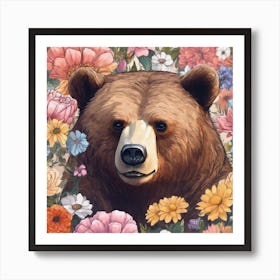Beautiful bear with roses Art Print